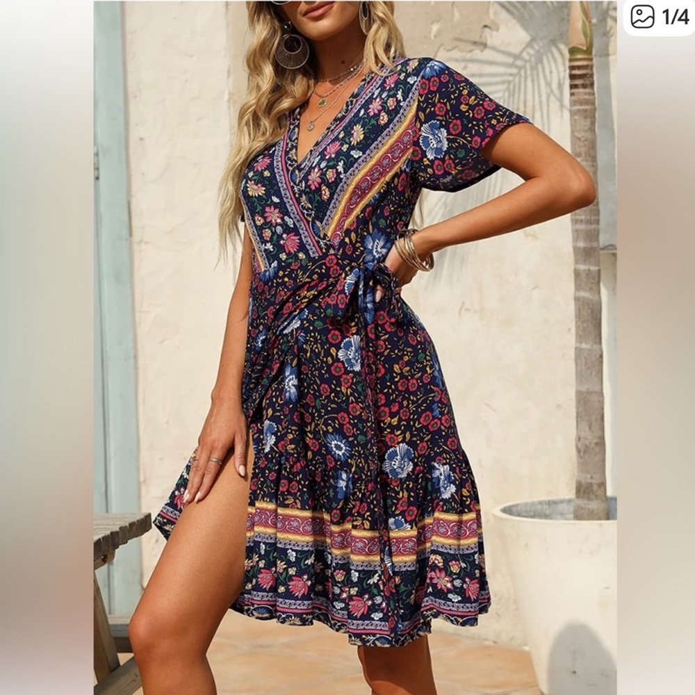 💫SALE Floral Boho Wrap Tie Dress Mini